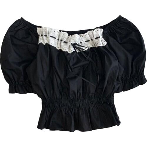 Lace summer square neck slim puff sleeve shirt