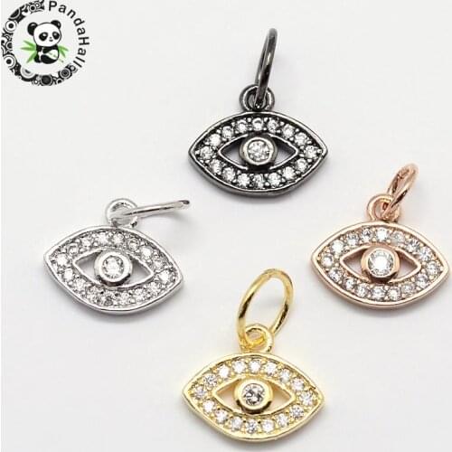 10pcs CZ Brass Micro Pave Cubic Zirconia Turkish Eye Charms for jewelry making, Mixed Color, 10x11x2mm; Jump Ring: 7x0.8mm