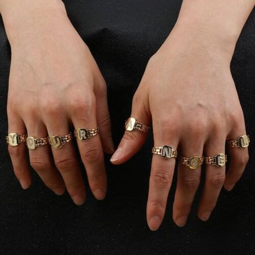 Copper Zircon Adjustable Ring A-Z Initial 26 Letters Chunky Square Watchband Link Chain Ring for Women Hiphop Party Jewelry Gift