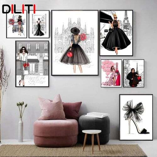 Fashion Girl Bag Balloon Champagne Salon Wall Art Print Nordic Paris Elegant Women Canvas Painting Pictures for Living Room
