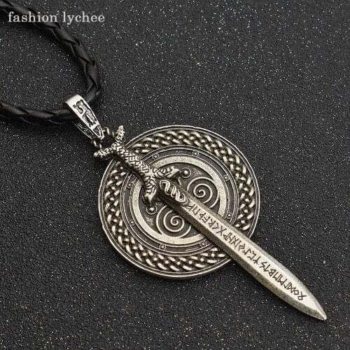Fashion lychee Rune Sword Shield Amulet Warrior Pendant Necklace For Men Vintage Rope Chain Necklace Gift