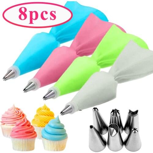 8 pcs Set Silicone Pastry Bag Tips Kitchen Cake Icing Piping Cream Cake Decorating Tools Reusable Pastry Bags+24 Nozzle Set
