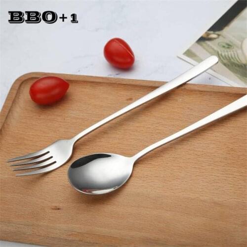 6pcs Korea Cutlery Long Handle Table Dinner Spoon and Forks set Salad Dessert Fruit Forks 8'' Kitchen Dinnerware Mirror Polish