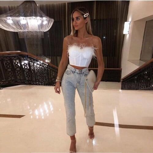 2019 Newest White Black Feathers Strapless Tops Fashion Zipper Sexy Summer Backless Short Bandage Top Casual Party Wholesale
