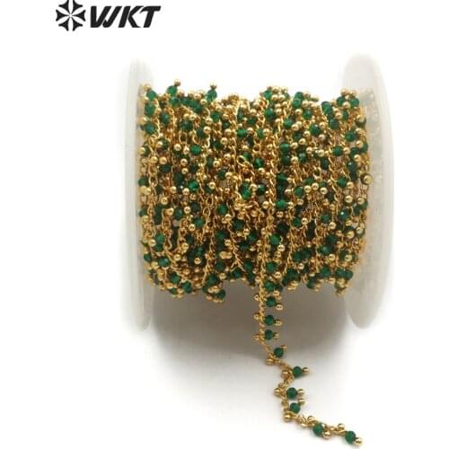 WT-RBC093 Bulk Green Ja de Faceted Rondelle Beads Rosary Chains,Wire Wrapped Brass Plated For Making Vintage Necklace Bracelet