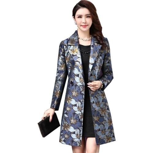 Autumn winter new womens windbreaker jacket fashion slim slimming plus size womens mid-length blue printed jackets overcoat
