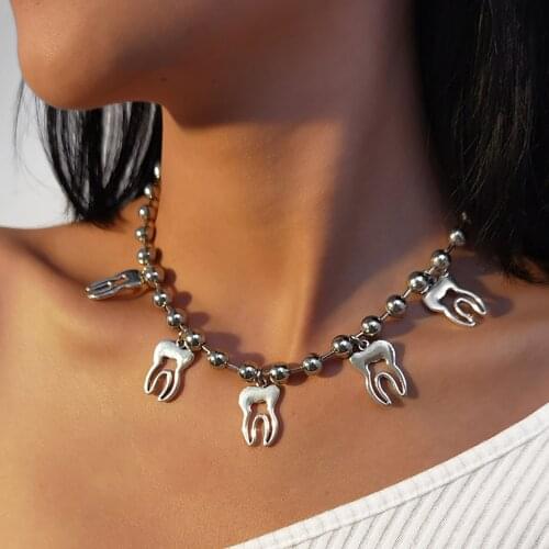 European And American ins necklace Hipho Teeth Round Beads Female Hip Hop Street Students Bungee Fairy Female Sense Clavicle cha