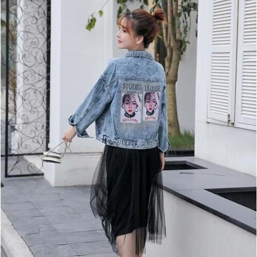 Character Portrait Pattern Print Denim Jacket Women Loose Casual Long Sleeve Turn-Down Collar Sequin Coats Vestidos 2021 Spring
