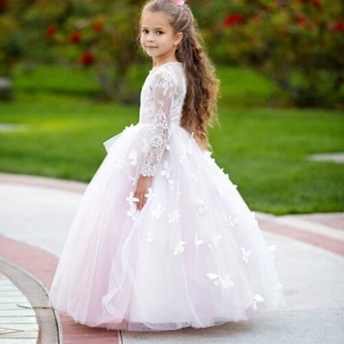 Butterflies Flower Girl Dress Girls Pageant Gown Lace applique Customized For Princess Long Sleeve Party Gowns