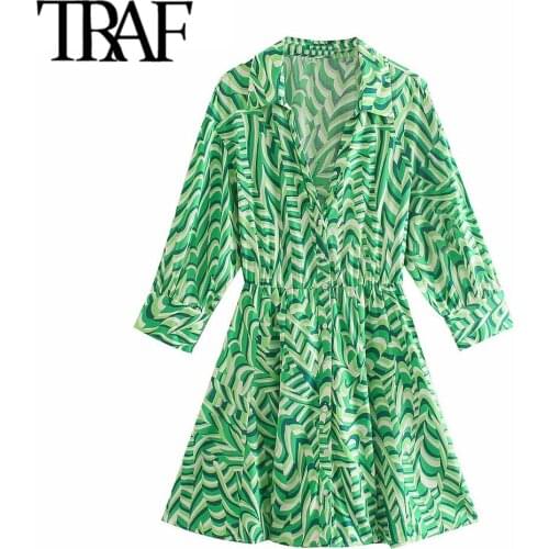 TRAF Women Chic Fashion Geometric Print Pleated Mini Shirt Dress Vintage Three Quarter Sleeve Button-up Female Dresses Mujer