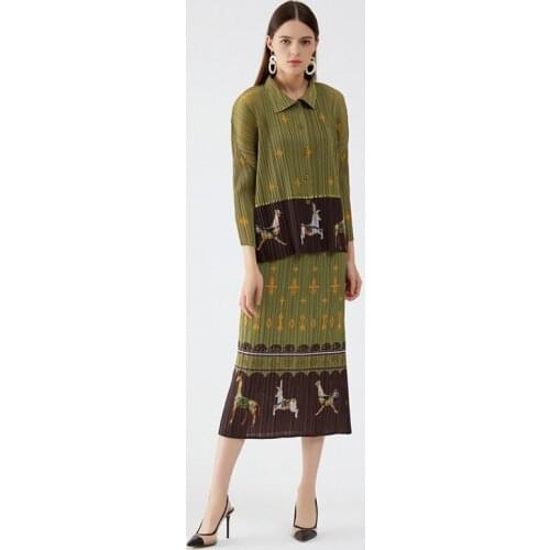 Casual fashion new suit female 2021 autumn temperament thin folda print skinny skirts + coat for woman