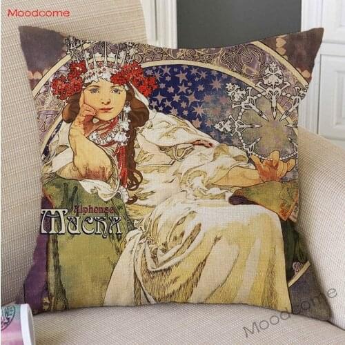 European Vintage Luxury Floral Pattern Girl Princess Hyacinth Sofa Throw Pillow Case Alphonse Mucha Painting Art Cushion Cover