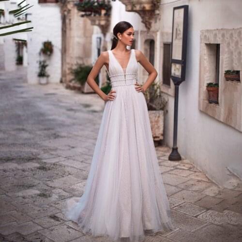 V-neck Blush Pink A-line Sequin Wedding Dress with Beading Belt robe de mariee princesse Bling Bling Bridal Dress