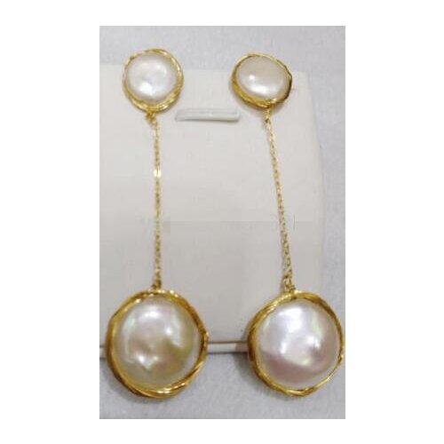 Hot sale Free Shipping>>>>Hand made13-14 mm white baroque South Sea Pearl long earrings 9 gold
