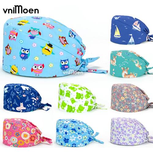 Unisex wholesale adjustable Krankenschwester Operation scrub caps/hat cotton print beauty salon Breathable cartoon print pet hat
