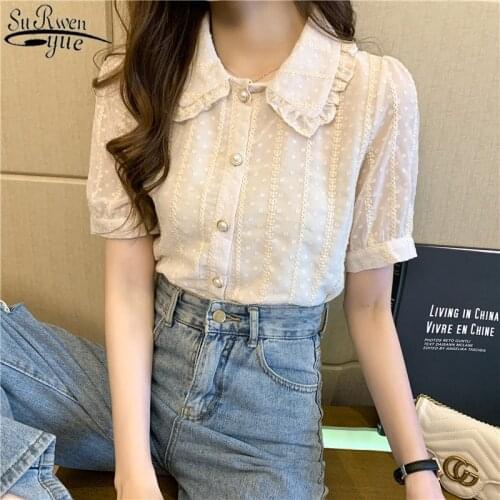 Chiffon Blouse Women Fashion Shirt Doll Collar White Girlish Jacket Short Sleeve Janpenese Style Cute Bottoming Shirt 14199