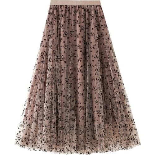 Womens Skirt Spring Autumn Fashion Tulle Midi Pleated Skirts Trend Femin Art Girl High Quality Vintage High Waist Long Skirt