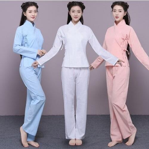 Cotton and linen Womens traditional Hanfu costume home clothes Two-piece four-color optional