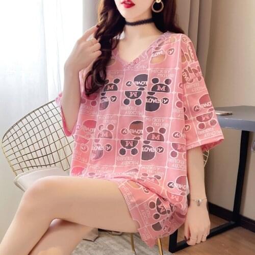 Womens 2021 Summer Casual Tops V-Neck Kawaii Cartoon Loose Plus Size Womens Styling Students Slim Short Sleeve T-Shirt