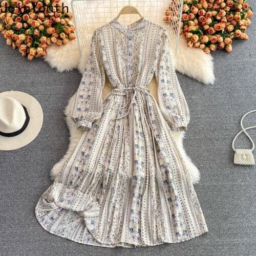 Joinyouth Maxi Dresses for Women Stand Neck Floral Pleated Vestidos De Mujer 2021 Fall Clothing Robe Slim Vintage Elegant Dress