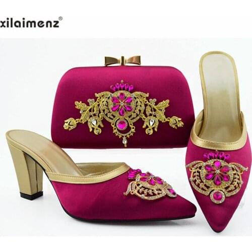 Magenta Nice Design Italian Rhinestone Shoes With Matching Bags Latest African Women Pointed Toe Slipper and Bags Set On Sale