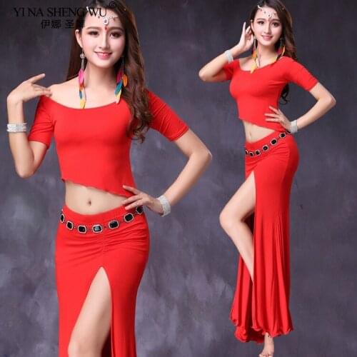 Belly Dance Costume PracticeWear Slim Women Sexy Modal Top Split Skirt 2Pcs Oriental Dancing Group Practice Training Clothes New