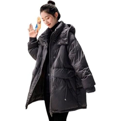 Winter Hooded Casual Female Coat 2021New Fashion Women Down Jacket White Duck Down Medium Length Loose Women Down Jacket NBH331