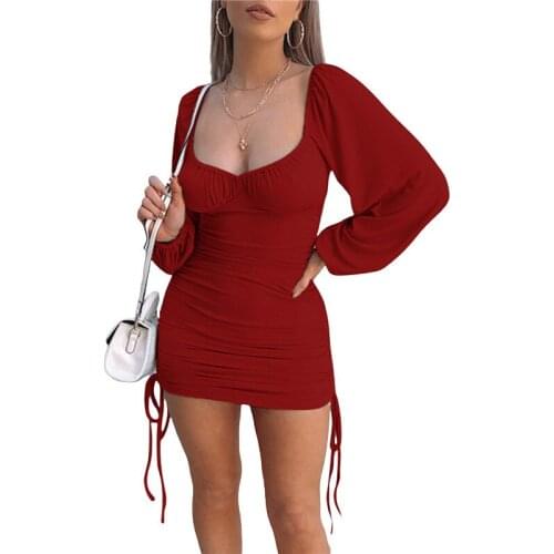 Women Square Collar Long Lantern Sleeve Ruched Dress Sexy Low-cut Slim Wrap Hip Bodycon Dress Summer Midi Dress With Drawstring