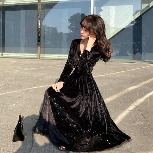 Large Size Womens Clothing Starry Sky French Retro Black Dress V-Neck Long Sleeve Glittering Gold Velvet Dress Midi Robes Y942