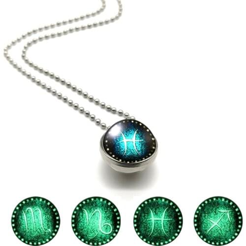Zodiac Luminous Sign Constellation Necklace Zodiac Double Sided Cabochon Glass Crescent Necklace Birthday Gift Jewelry Men Women