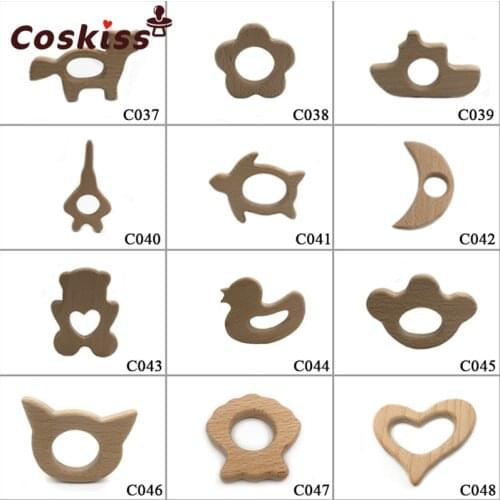 10pcs Smooth Beech Wood Baby Teether Cartoon animal Natural Wooden Teethers, Wood Teething Accessories, Baby Chewable Toys
