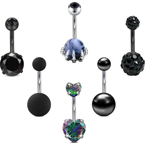 6Pcs/lot Multi Crystal Surgical Stainless Steel Navel Piercing Heart Belly Button Rings Belly Piercing Body Jewely Accessories