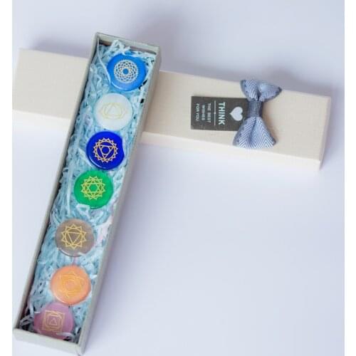 7 Pcs Round Engraved Traditional Chakra Pattern Stone Crystal Reiki Healing Hand Play Stone