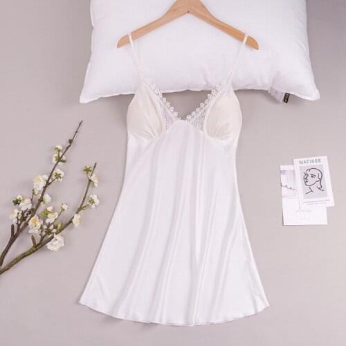 White Satin Spaghetti Strap Nightgown Ladies Sweer Lace Trim Home Dress Sexy V-Neck Backless Mini Nightdress Intimate Sleepwear