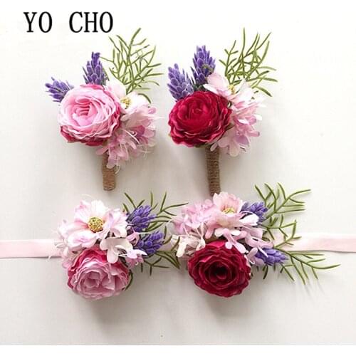 YO CHO Corsage Wedding Boutonniere Groomsman Flowers Artificial Silk Roses Groom Buttonhole Wedding Planner Marriage Accessories