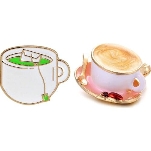 Enamel Coffee Cup Brooch Spoon Fashion Disc Shape Brooches Pins Women Men Clothes Suit Coat Hat Accessories