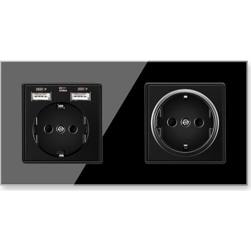 EU Standard Electrical Socket Crystal Glass Panel Wall Germany EU Socket With USB Outlet AC110-250V 16A Black