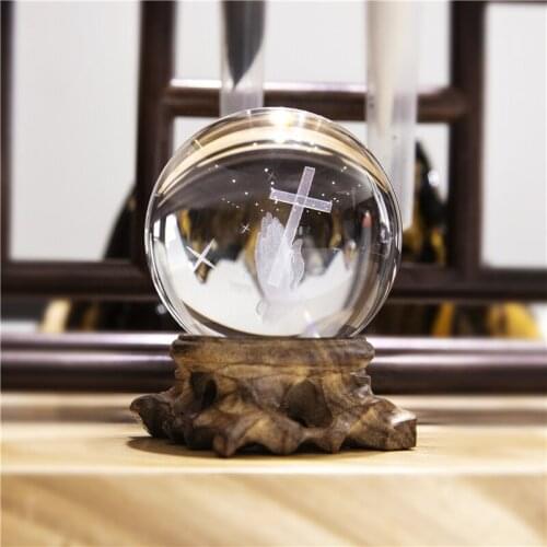 H&D 3D Cross Crystal Ball Paperweight Laser Engraved Fengshui Glass Ball With Wooden Spuare base(60mm)