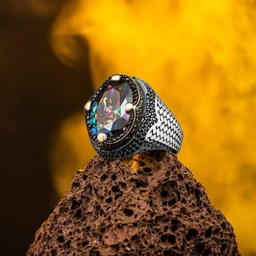 925 Sterling Silver Mini Zircon Stone Decorated Mystic Topaz Stone Authentic Retro Mens Ring