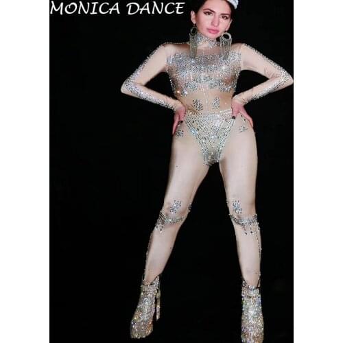 Women Sexy Stage Silver Rhinestones Long Sleeves Jumpsuit Women Singer Dancer Bar Stage Outfit Prom Birthday Celebrate Jumpsuit