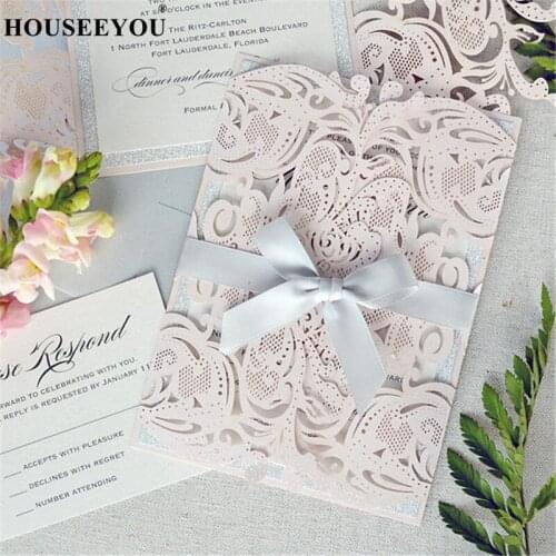 Wedding Invitation Envelope With Glitter Silver Border Insert Soft Pink Floral Heart Laser Cut Holder for Guest Party Supplies