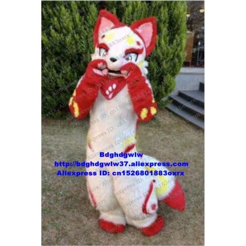 White Red Long Fur Furry Husky Dog Fox Fursuit Mascot Costume Adult Cartoon Character Outfit Put On Nice Photo Session zx3001
