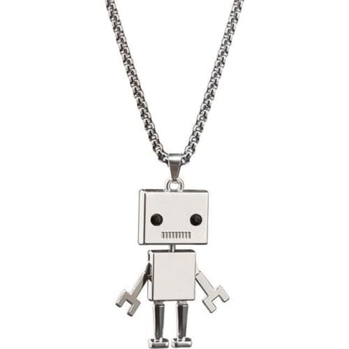 Cute Robot Pendant Stainless Steel Necklace for Men Women Black Zircon Long Chain Punk Hip Hop Jewelry Girl
