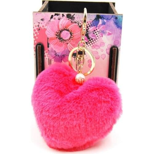 Fashion Fluffy Heart Faux Rex Rabbit Fur Ball Pom Pom Keychain Woman Bag Charms Keyring Man Car Key Ring Chain Trinket Jewelry
