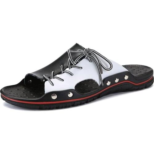 Mens slippers flip flops cowhide open-toed slippers trendy casual