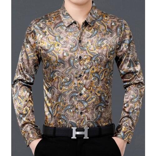 2021 New Poplin Dresses Elegant Printing Man Silk Long Sleeved Satin Soft Clothes French Cuff Mens Floral Collar Camisa Shirts
