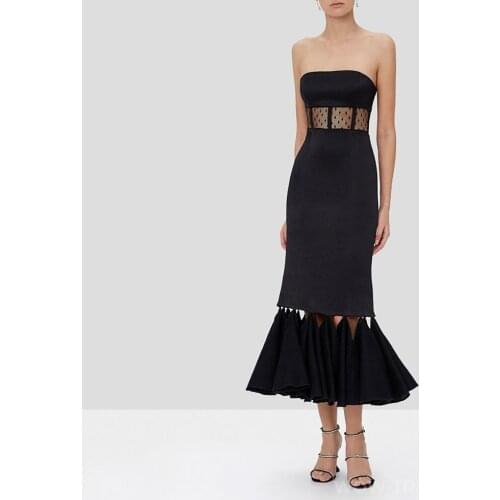 2021 New Style Summer Womens Strapless Midi Dress Sexy Lace Mesh Bodycon Black Bandage Dress Elegant Club Party Dresses