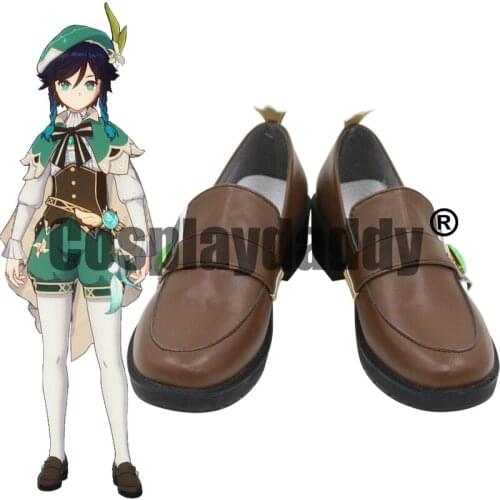 Genshin Impact Mondstadt Windborne Bard Venti Wendi Cosplay Brown Loafer Shoes C006