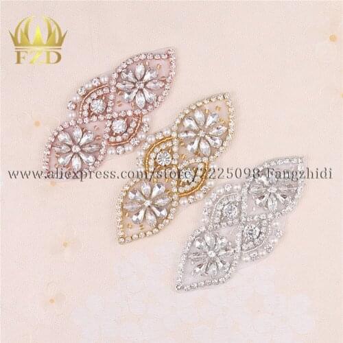 One Pair DIY Pearl Rhinestones Applique Patches For Wedding Dresses Sew On Crystal Strass Rhinestones Beaded Sash Belt FA-1062