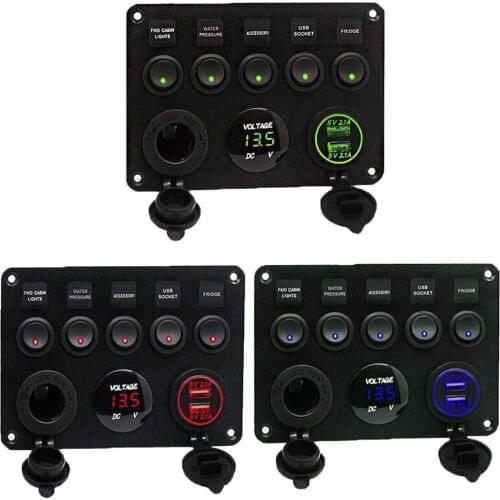 12-24V 4.2A 5 Gang Rocker Switch Panel Dual USB Charger 12V Outlet Digital Voltmeter Toggle Switch Panel for Boat Camper RV